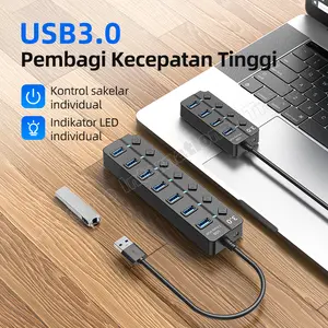 OLYPS USB Hub 3.0 Multi Port 7 in 1 & 4 in 1 Adaptor Hitam ABS Kabel 30cm Kontrol Saklar Independen Indikator LED untuk PC Laptop Computer Card