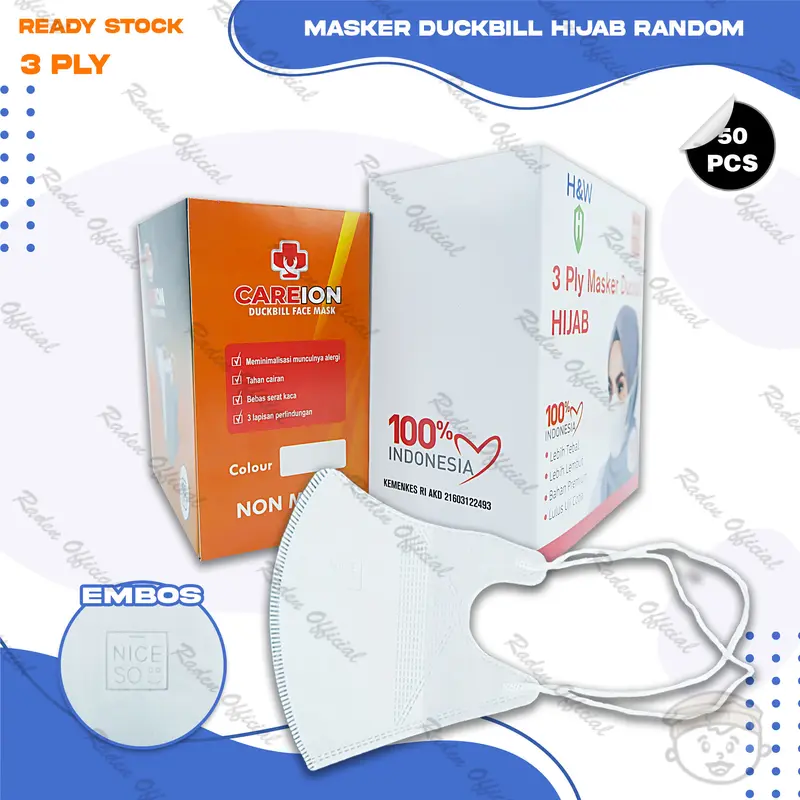 Masker Duckbil Hijab 3Ply isi 50Pcs Putih Hitam Abu White Black Grey Warna Duckbill Headloop Surgical Mask Kemenkes Dewasa Tali Elastis Warna Warni 2