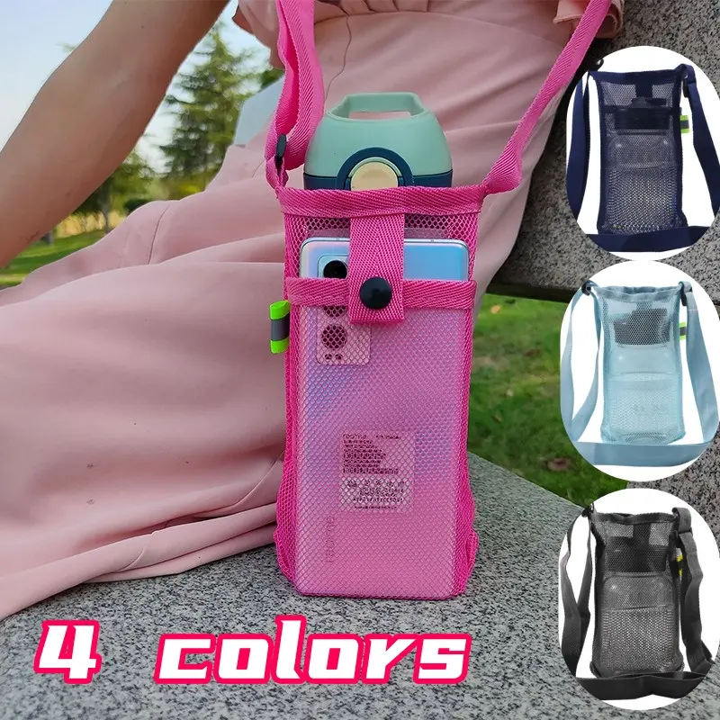 Fashion Women Portable Sport Water Bottle Cover Mobile Phone Bag Camping Accessories Mesh Cup Sleeve Pouch Portable Visible Bag With Strap