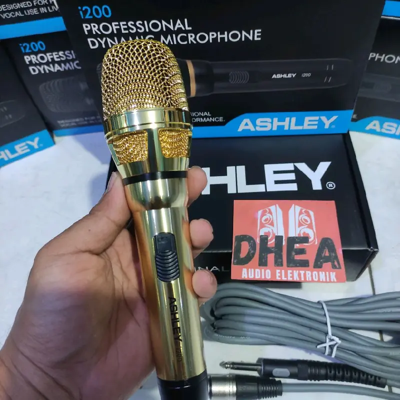 Mic Dynamic Kabel Ashley i200 i 200 Original Mik Vokal Kabel i-200 Ashley Microphone Wire Cable ASLI ORI Ashley Suara Detail Jernih WARNA Gold / Krem Body Mic Besi High Quality 5