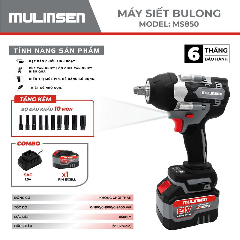 [TẶNG KHẨU 10 MÓN] Máy siết bulong MS850 MULINSEN pin 21V chân phổ thông Lực siết 850N chân pin phổ thông