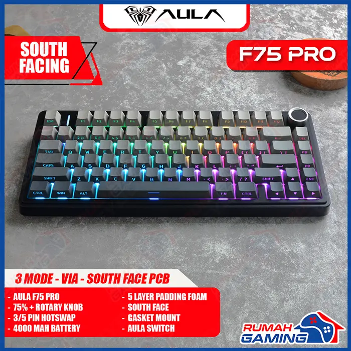 Mechanical Keyboard - Aula F75 - 75% Compact - 3 Mode - Gaske Mount - RGB - PBT Keycap 5
