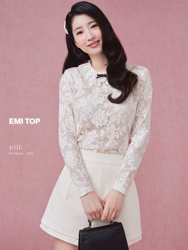  JOIE DES ROSES - Áo ren dài tay cổ hề phối nơ da nhỏ EMI TOP 