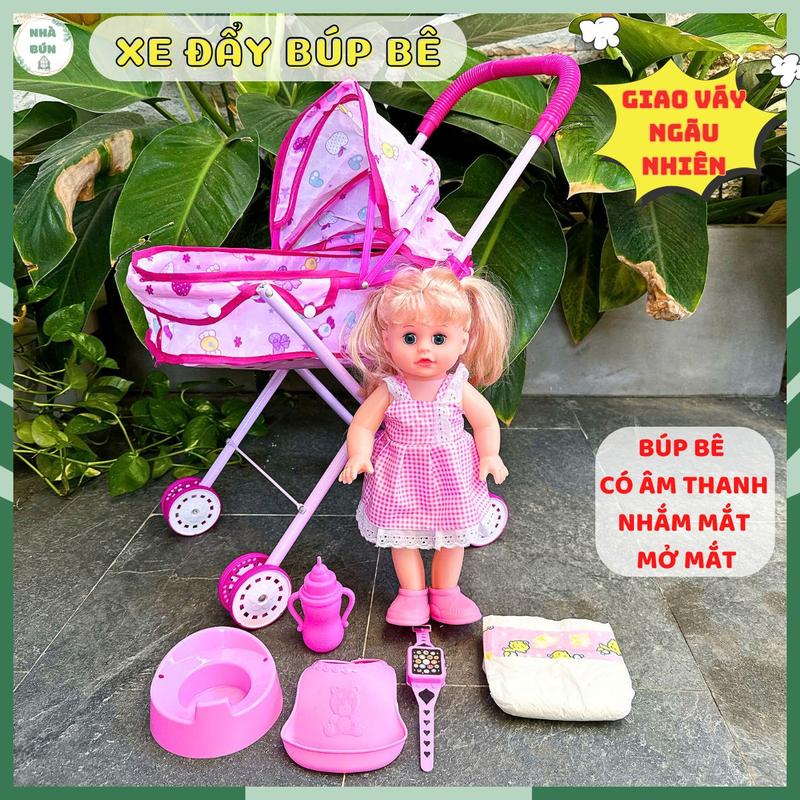 Đồ Chơi Xe Đẩy Em Bé Cỡ Đại Có Âm Thanh Nhắm Mắt Mở Mắt Và Các Phụ Kiện Bỉm Bình Sữa Bô Tè Em Bé Biết Khóc Nói Cười Biết Đi Vệ Sinh C48