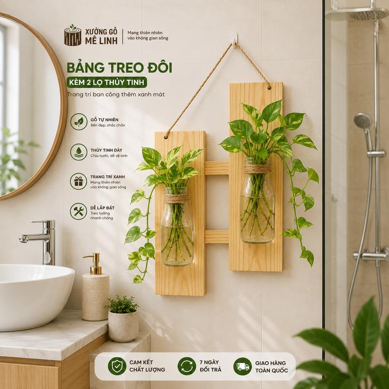 Bảng Gỗ Treo Tường Kèm Lọ nhựa | Trang Trí Nhà Tắm, Ban Công, Phòng Khách | Gỗ…