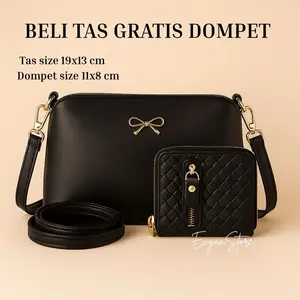 Evyan Store Tas Gratis Dompet Wanita Hitam Tas Selempang 19x13 cm & Dompet 11x8 cm Bahan Sintetis Praktis dan Tahan Lama