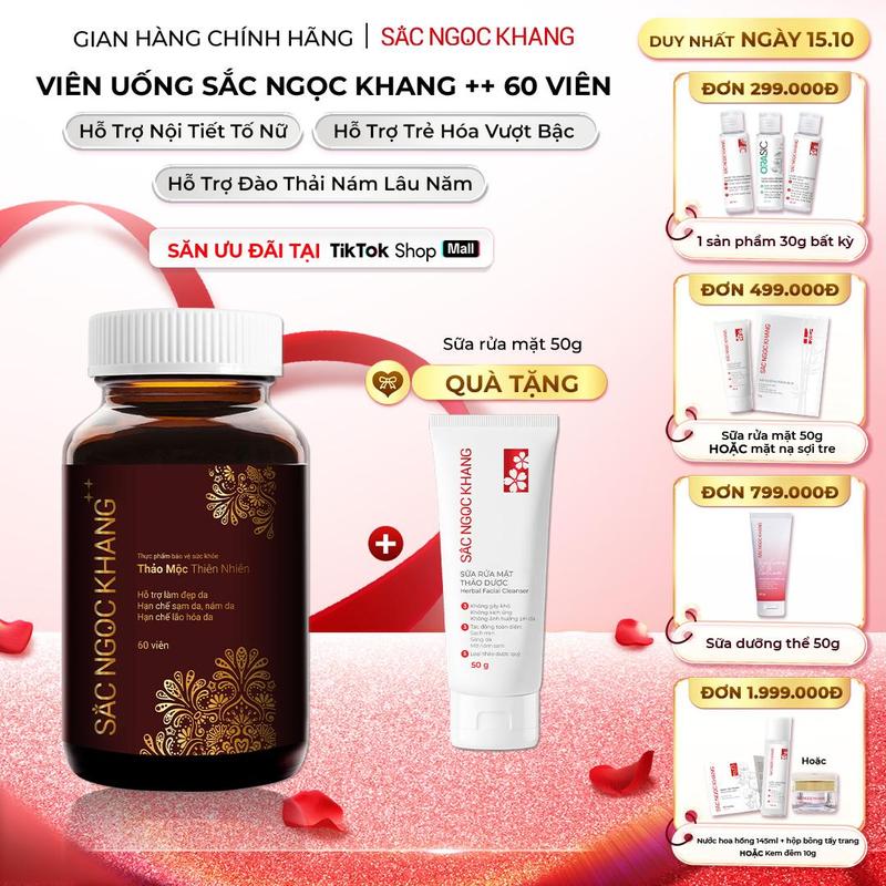 [Tặng Sữa Rửa Mặt 50G] Viên Uống Đẹp Da Sắc Ngọc Khang ++ [Hộp 60 viên] Cao Cấp - Hỗ Trợ Chống Lão Hóa, Đẹp Da Và Mờ Nám Sạm Tàn Nhang