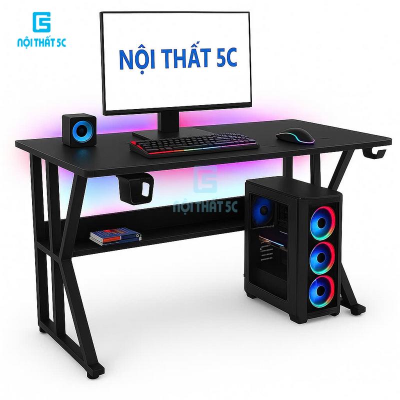  Bàn gaming bàn làm việc Nội Thất 5C-Model 1 Ethan plus có kệ lửng mặt gỗ MDF dày 15mm kèm 2 lỗ đi dây điện tiện lợi kèm phụ kiện giá đựng cốc và giá treo tai nghe chân sắt 20x40mm dày dặn 