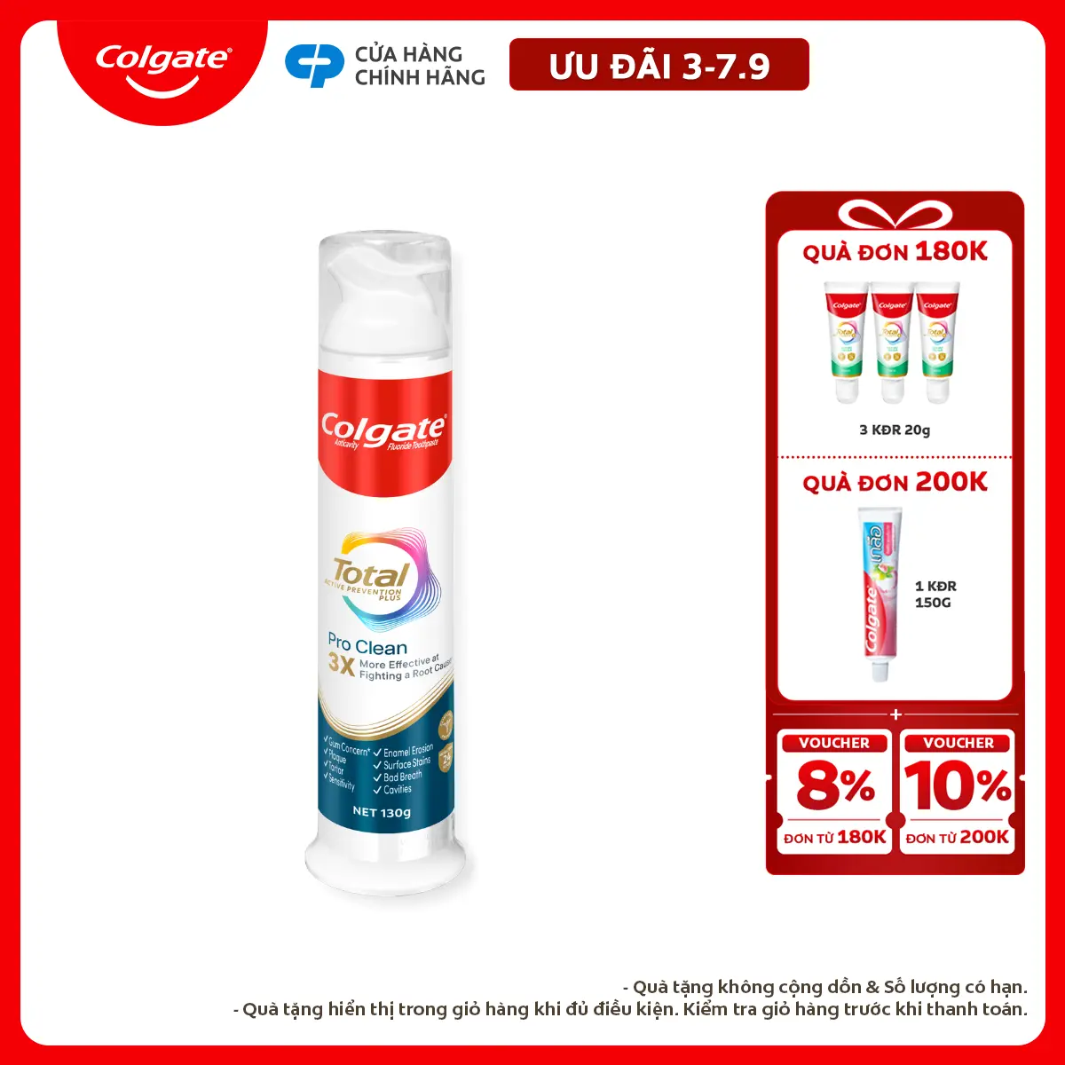 [Ưu đãi 3-7.9] [MỚI] Kem đánh răng Colgate vòi nhấn thông minh Total Pro Clean, khóa chân không hạn chế tiếp xúc vi khuẩn 130g/ ống