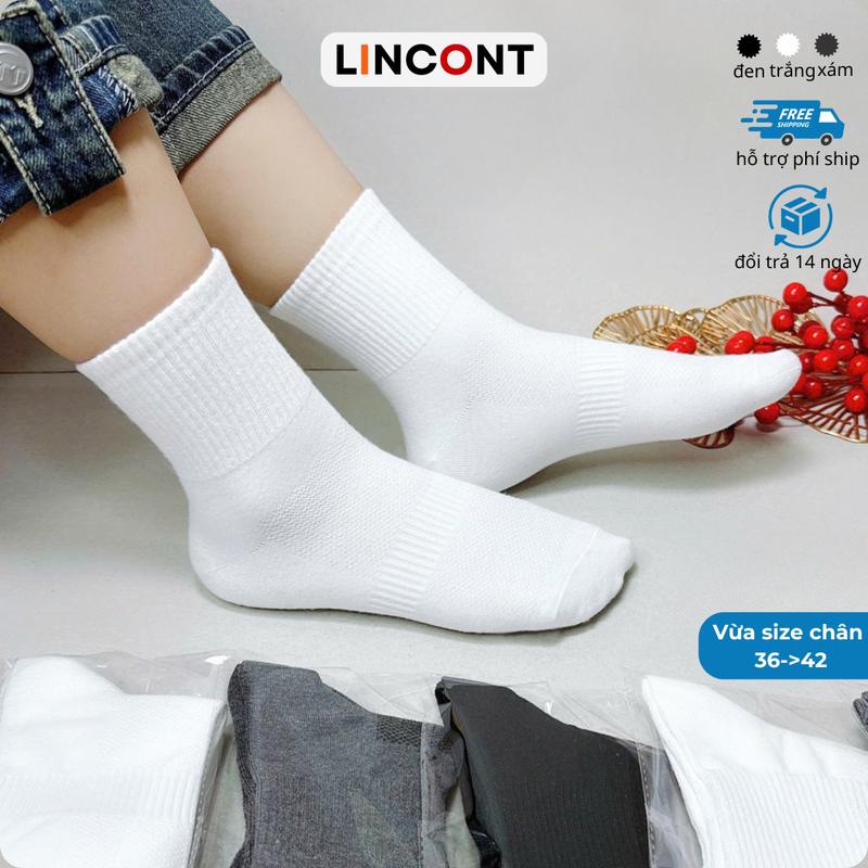 Combo 5 đôi-10 đôi Tất Vớ Nam Nữ Cổ Lửng Cotton+spandex Trơn Dệt Kim 14cm dày mịn Thoáng Khí trắng-đen-xám