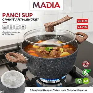 MADIA Panci Sup Rebus Lapisan Granit Anti Lengket Tutup Kaca Casserole Cookware 20cm-24cm Alat MasakGranit Design Coating Non Stick Tahan Lama