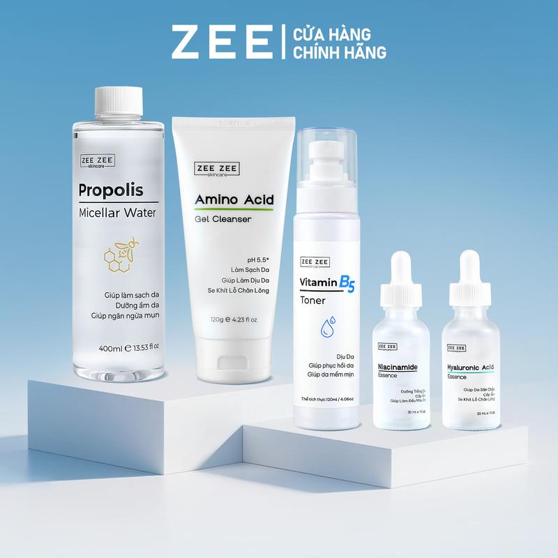 Combo 5 gồm Tẩy Trang Keo Ong, Toner B5, Gel rửa mặt Amino, Tinh chất Niacinamide, Tinh chất Hyaluronic Acid