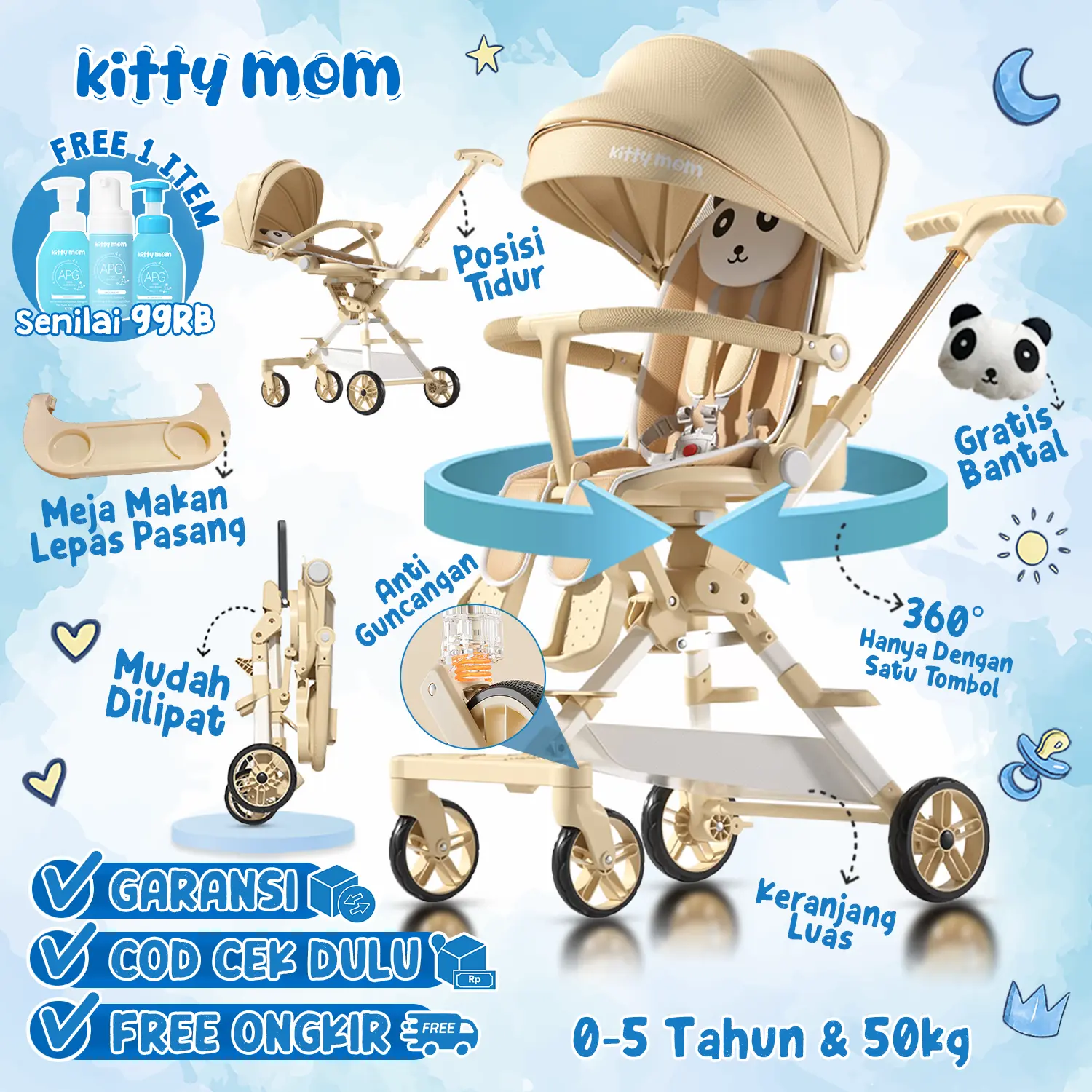 Kitty Mom - Stroller Bayi Balita Anak Travelling 2 Arah Newborn Premium Dapat Dilipat dan Berbaring Dorong Cabin