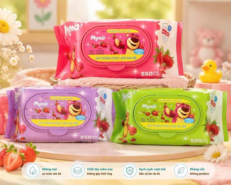 Combo 10 Gói Khăn Ướt Dâu Myna - Khăn Bảng To- Vải Dày - Không Mùi Cân Nặng…