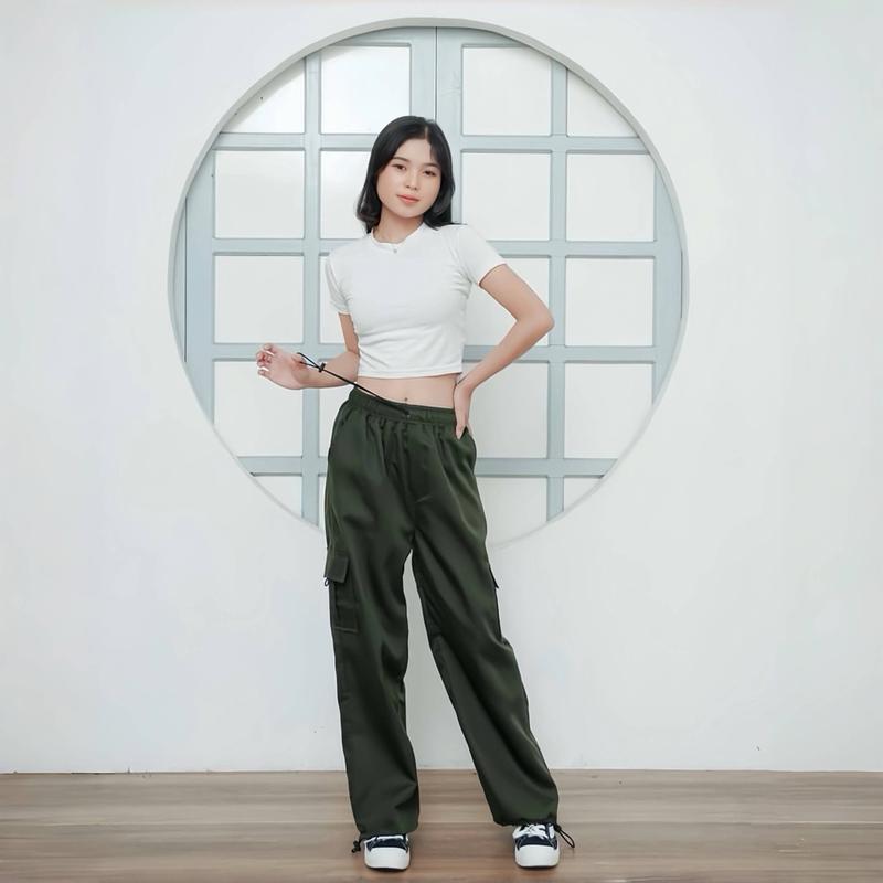 Celana Panjang Cargo Wanita Highwaist Korean Style Tali Serut Bawah  Loose Pants Standart-Jumbo Dewasa Kaki Karet 4