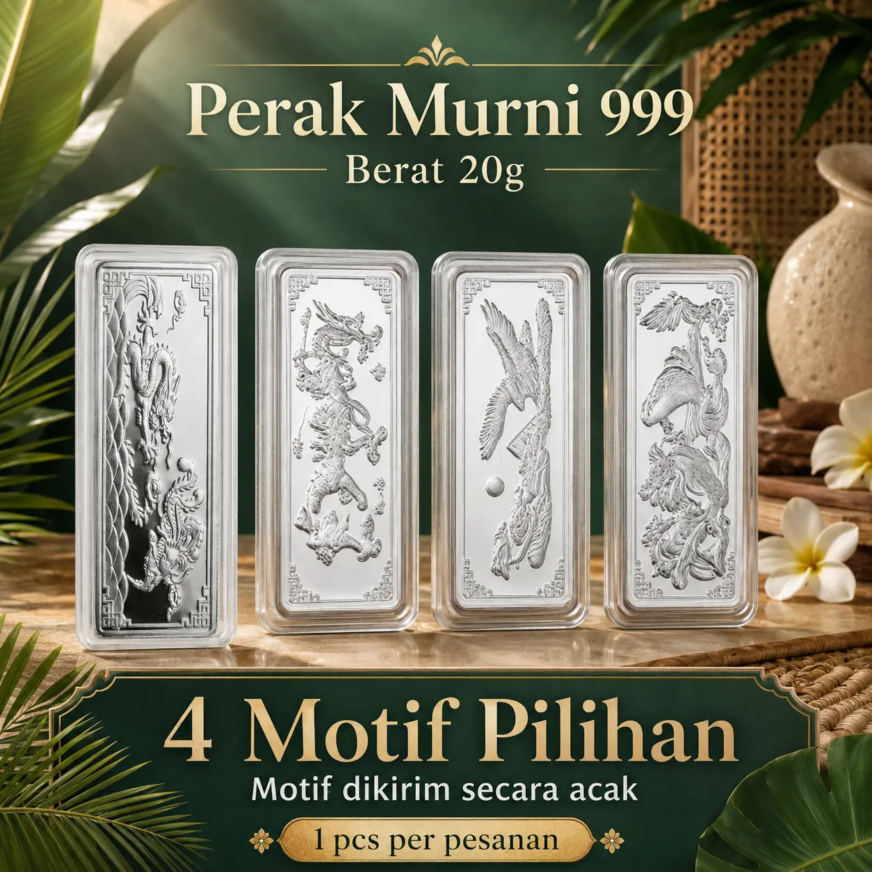 1pc Batangan Perak 999 Asli 20g, Motif Naga / Burung / Kuda Acak, Casing Transparan, Koleksi Premium Bersertifikat