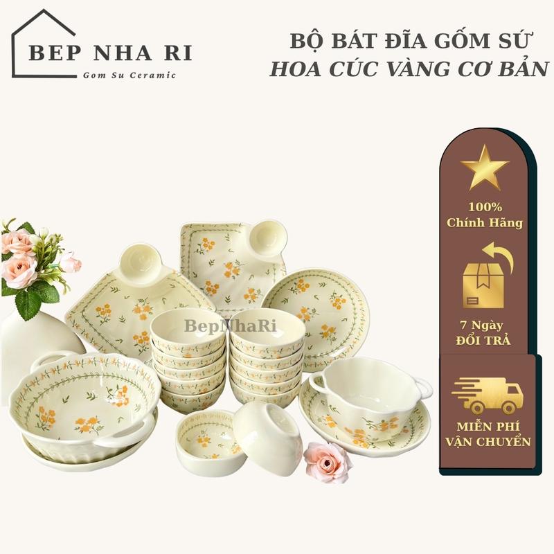    BepNhaRi   Bộ Bát Đĩa Gốm Sứ Họa Tiết Hoa Cúc Vàng SET CƠ BẢN - Tượng Trưng cho sự trường thọ phú quý và may mắn 