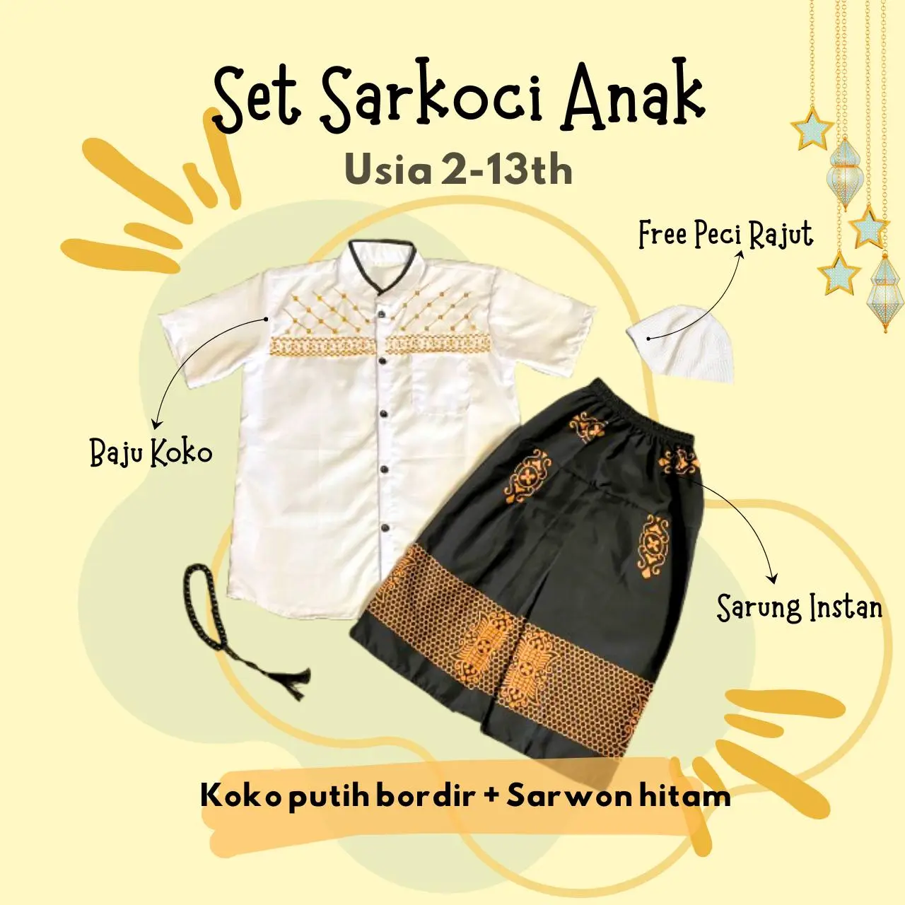 Bordir Putih + Sarwon Hitam + Peci