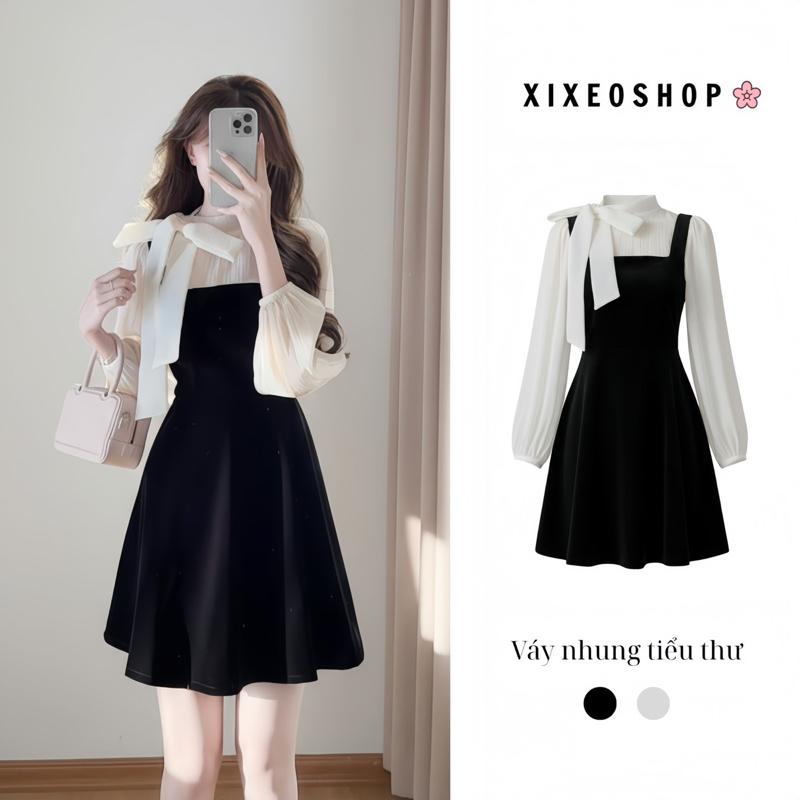  Váy nhung phối tơ tay bồng buộc nơ cổ tiểu thư Hàn Quốc xixeoshop -V32 Nữ Women 