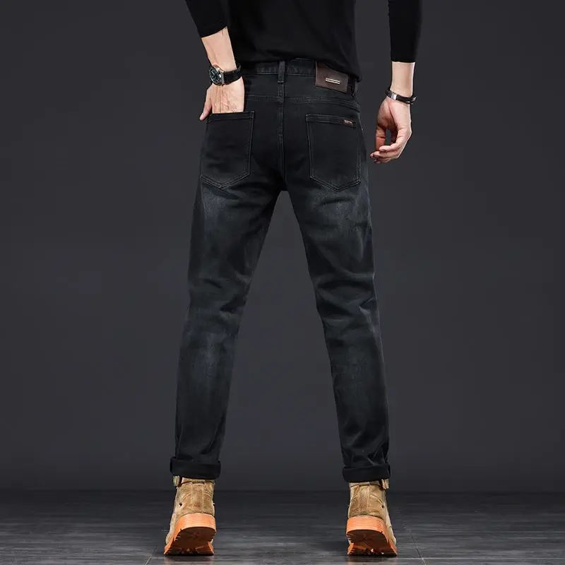 Quần Jean Denim, Dành Cho Nam Giới, Chủ Nghĩa Công Sở, Cắt Mỏng, Co Giãn Trung Bình Chân Thẳng, Màu Đen, Dài Chín Phần, Phong Cách Sang Trọng Nhẹ