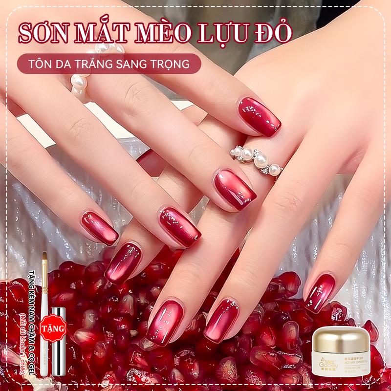  Sơn Móng Tay Gel Mắt Mèo Lựu Đỏ - Hiệu Ứng Mắt Mèo Hạt Thủy Tinh Màu Đỏ Rượu Vang Thời Trang Bộ Dưỡng Móng Tay Thu Đông Thanh Lịch & Làm Sáng Da 