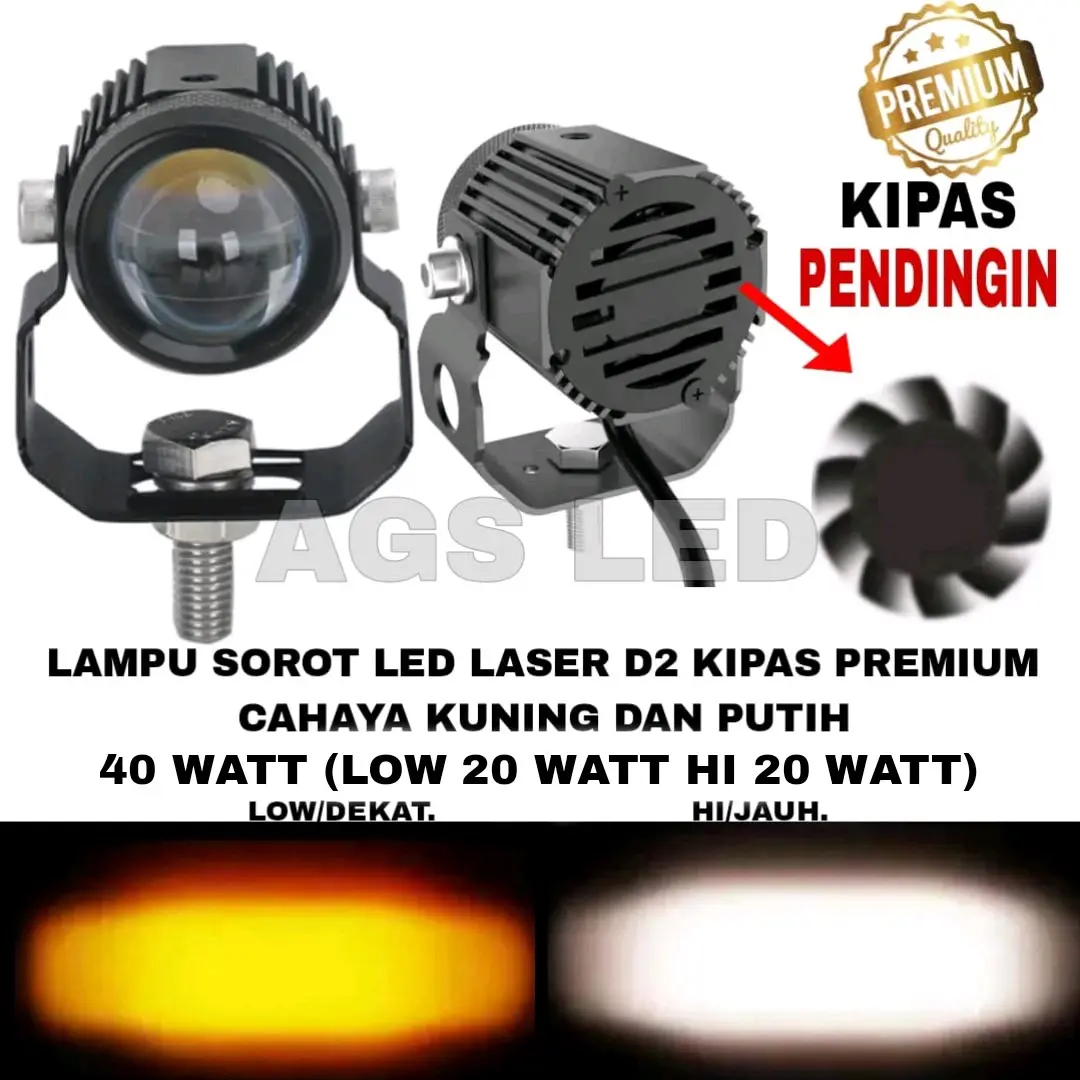 LAMPU SOROT D2 KIPAS LASER LED PREMIUM SUPER TERANG/LAMPU TEMBAK D2 LASER KIPAS HI LOW 40WATT 12 VOLT DC/LAMPU SOROT MOTOR