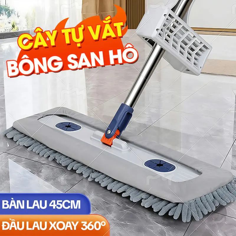 Cây Lau Nhà Tự Vắt KITIMOP CORAL Mã KTMC-01, Chổi Lau Nhà Tự Vắt Thông Minh Xoay 360 Độ, 2 Bông Lau (KHÔNG KÈM XÔ)