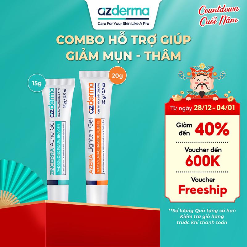 Combo hỗ trợ giúp giảm thâm mụn Bao Gồm Azderma Zincerra Acne Gel - Gel hỗ trợ giúp mờ thâm sau mụn Azderma Azera Lighten Gel
