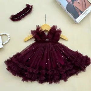 Dress Tutu Pesta Anak Kilau Burgundy Cantik Ruffle Mutiara