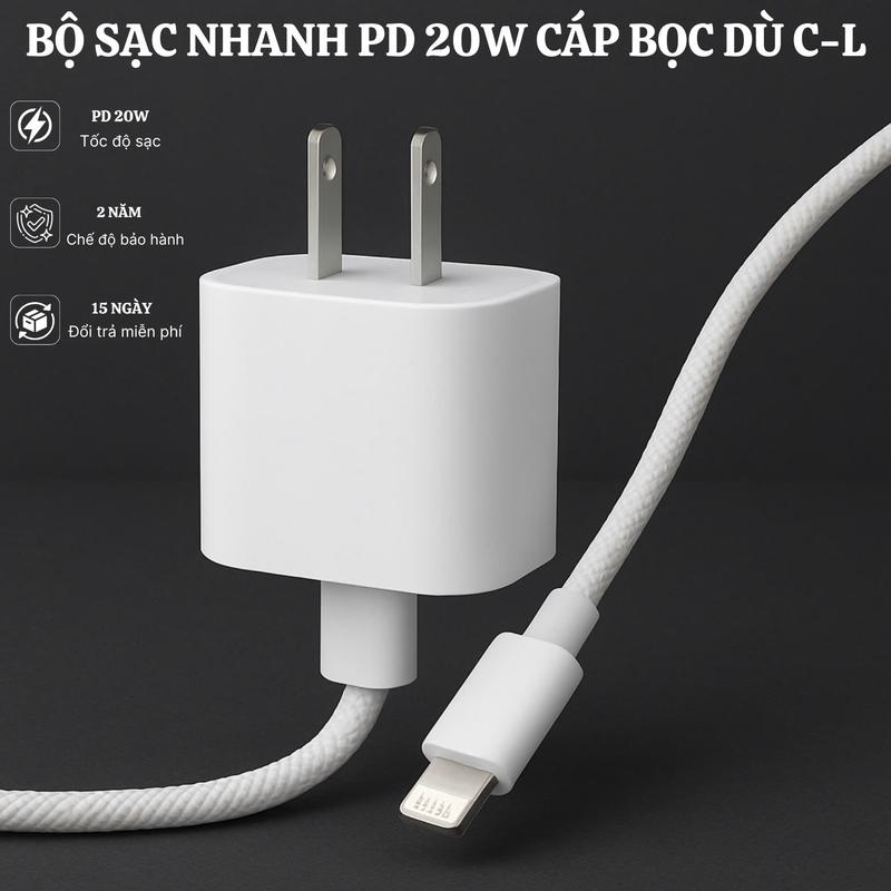 Bộ Sạc Nhanh IP 20W Cáp Bọc Dù Thế Hệ Mới Đầu Chống Gãy Gập Dùng Cho Máy từ…