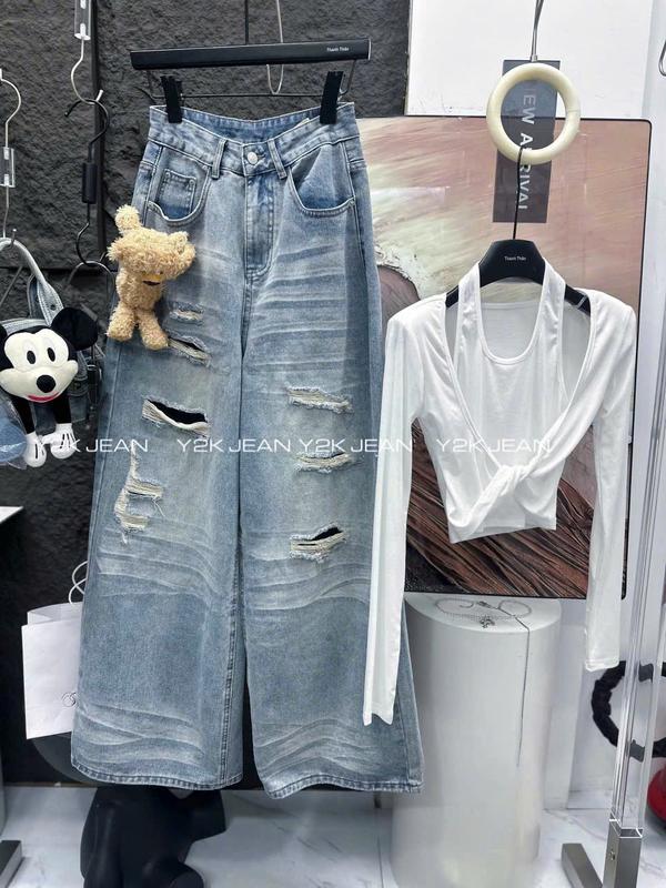 NẤM LÙN - Kèm gấu Quần Jean Suông trơn cạp cao màu Xanh phối rách cá tính có kèm gấu hottrend dài 90cm và 100cm size xxs size xs cho Nấm lùn