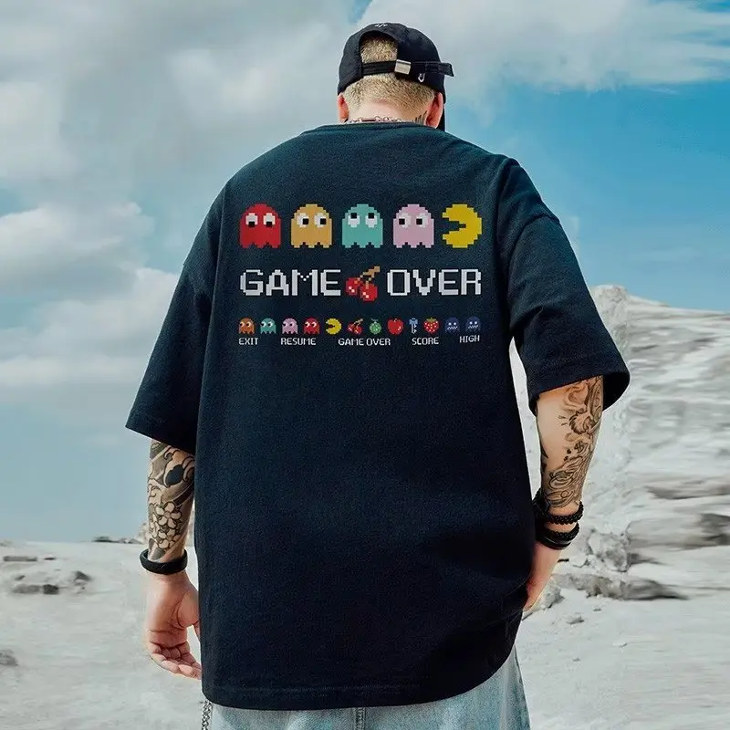 Fashionsunmy Plus Size Tshirts Men's Oversized Unisex Bean eating game Print Short Sleeve Fashion T-shirt American Retro Casual Tee Loose Couple Half Sleeve Top M-8XL