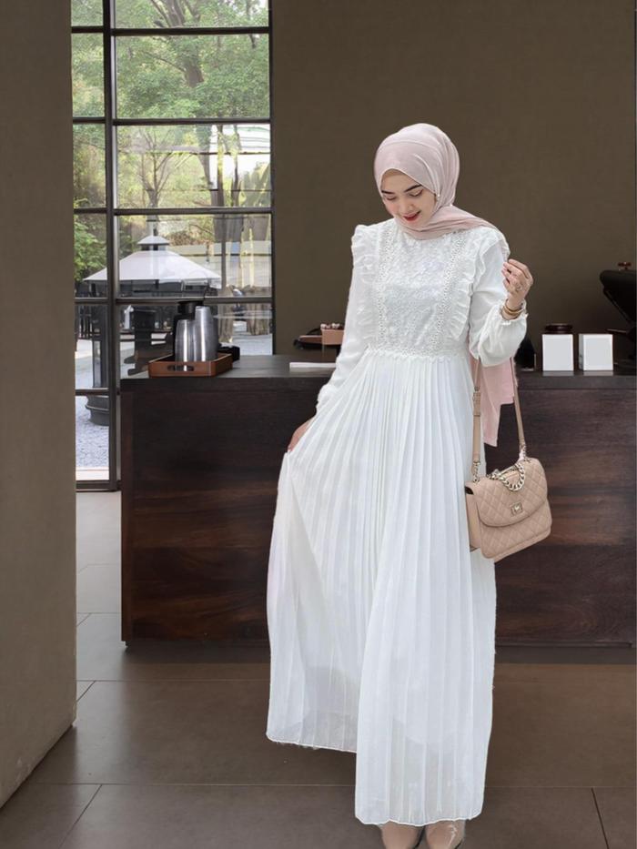 long dress putih hijab Long Sleeve White Muslim Evening Dress 55621B