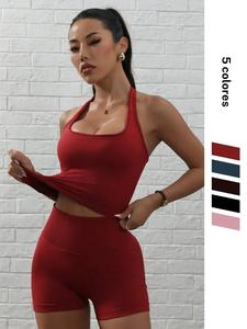 Conjunto deportivo de yoga para mujer, top halter + shorts con cinturón en la cintura, perfecto para correr, fitness, yoga, compras, fiestas y citas