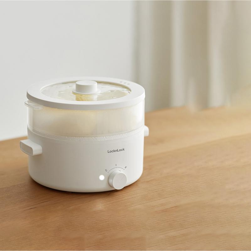 Nồi Lẩu Điện đa năng 2 tầng Bianco LocknLock Electric multipot -  Màu ngà 3L (EJP124IVY) & 5L(EJP134IVY) - 2 tầng, hấp trên nấu dưới, nắp trong suốt