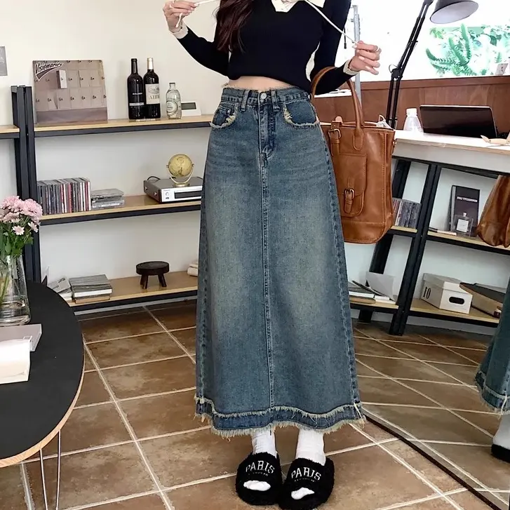 【meissi.id】Rok Jeans Bigsize Jumbo Rok Jeans Panjang Wanita Skirt Denim Midi A Line Highwaist Rok Jeans Korean Style Outfit Wanita Kekinian 3
