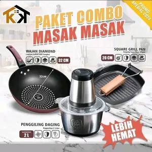 (KK) paket spesial wajan penggorengan Diamon 32 CM + square Grill pan 20 CM + Blender Chopper 2L penggiling Bumbu
