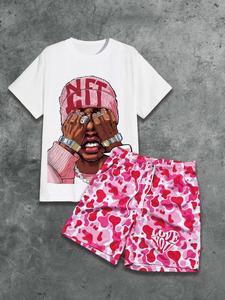 メンズカジュアルスーツセット、ポートレートプリントTシャツ＋カモフラショートパンツ、音楽フェス／ストリートウェア／デート、ゆったりシルエット