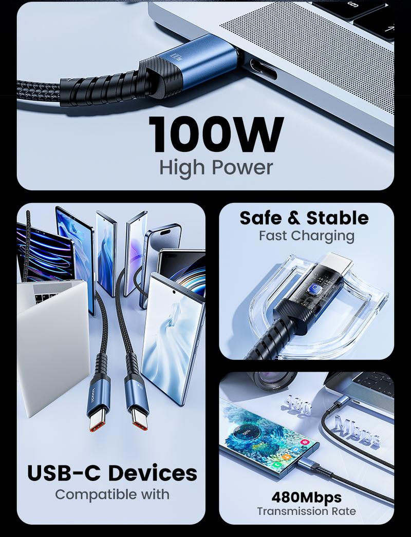 Product Introduction of Toocki 100W/60W Type C To Type C Cable Fast Charging USB To Type-C Charger Cord 90 Degree Elbow PD Data Wire 2-in-1 A/C To C Elbow Braided Wire 23