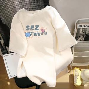 かわいいキャラクタープリントの女性用半袖Tシャツ、丸首、ゆったり、純綿のカジュアルな上着、丸首、ショルダーベルト、ゆったりとしたシルエット、通気性、肩落ちデザインのプリントTシャツ夏のゆったりタイプ
