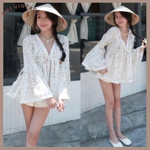   ĐỦSIZE 38-70kg  Set Áo Hoa Nhí Cổ V BABYDOLL Phối Quần Sooc Tafta 