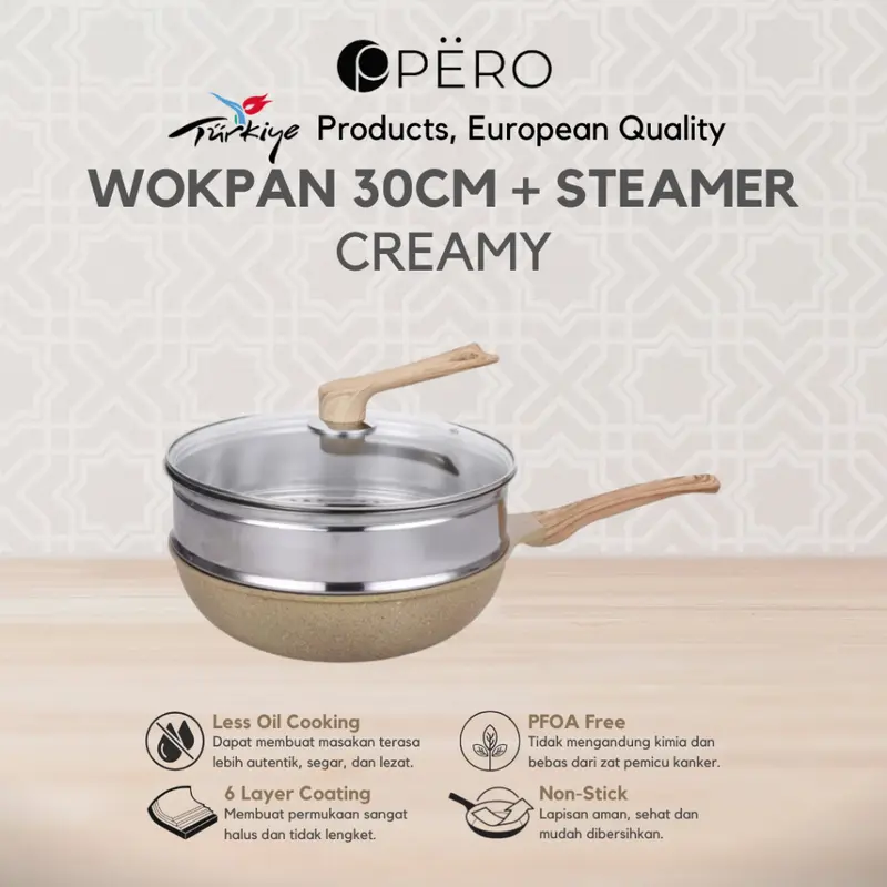 [Exclusive Mak San] Pero Wok Pan 30cm with Glass Lid Wooden Handle Biogranite Non Stick / Wajan Penggorengan Ukuran 30cm dengan Tutup Kaca Handle Kayu Anti Lengket Kitchenware 6