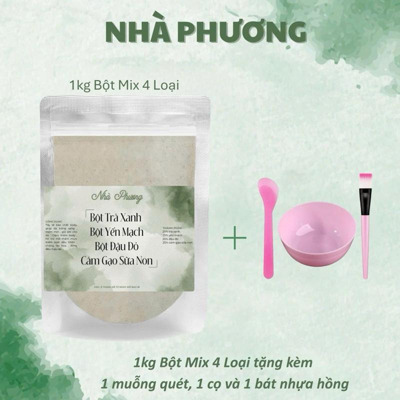 Bột Mix 4 Loại (Trà xanh, Yến mạch, Đậu đỏ, Cám gạo sữa non) gói 250g, 500g, 1kg kèm quà tặng -Bột Nhà Phương