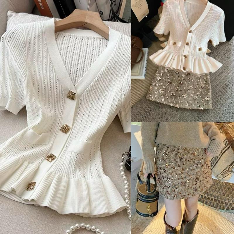    Hàng QCCC L1  Order 7- 10 Ngày   Set Len Xinh Blink Blink Gồm Áo Peplum Cổ V Tay Cộc Cầu Vai Phối Túi Mix Cúc Đá + Chân Váy Kim Sa Dành Cho Nữ By DiepGZ22825 