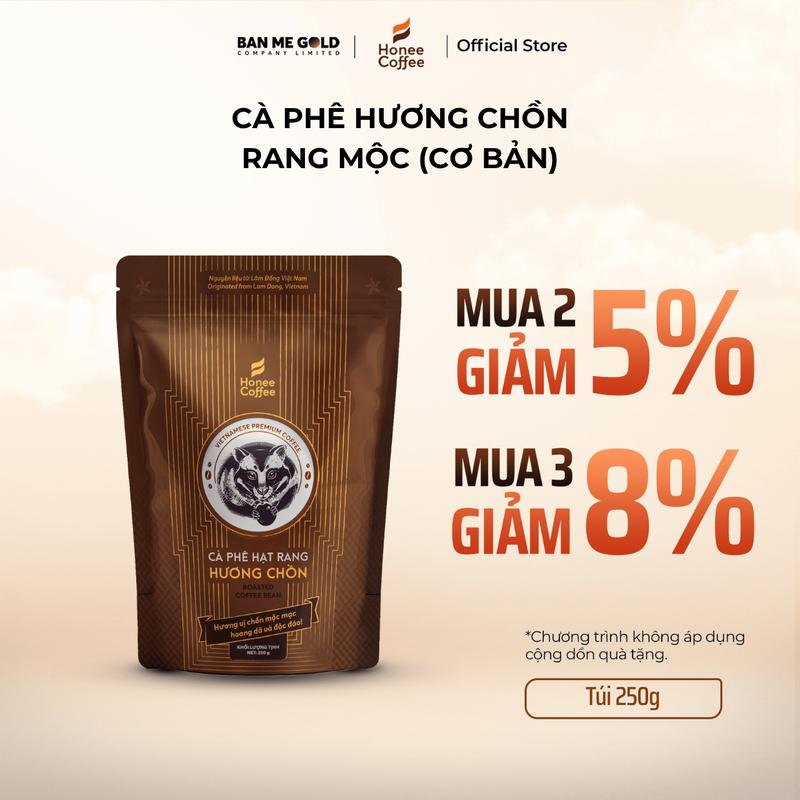 Cà Phê Hương Chồn (Nâu) Hạt Rang Mộc (250g) Cafe Chồn Nguyên Chất Chính Hãng Honee Coffee