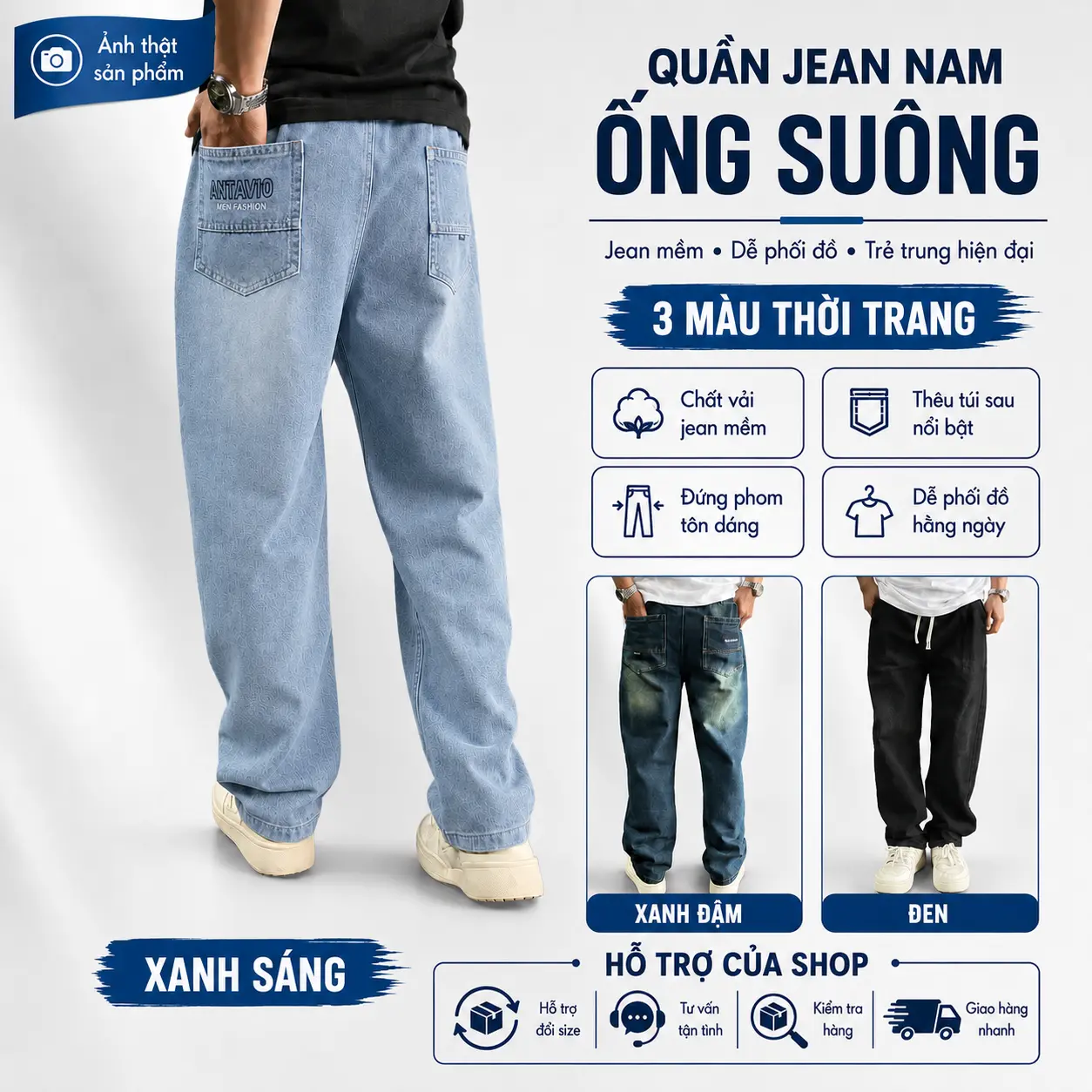 Quần Jean Ống Suông Nam  ANTAVIO Thiết Kế Phong Cách Hàn Quốc 3 Màu Xanh Sáng Đen Size M-3XL 45-90KG Chất Liệu Jean Mềm Cao Cấp Jean Suông 535