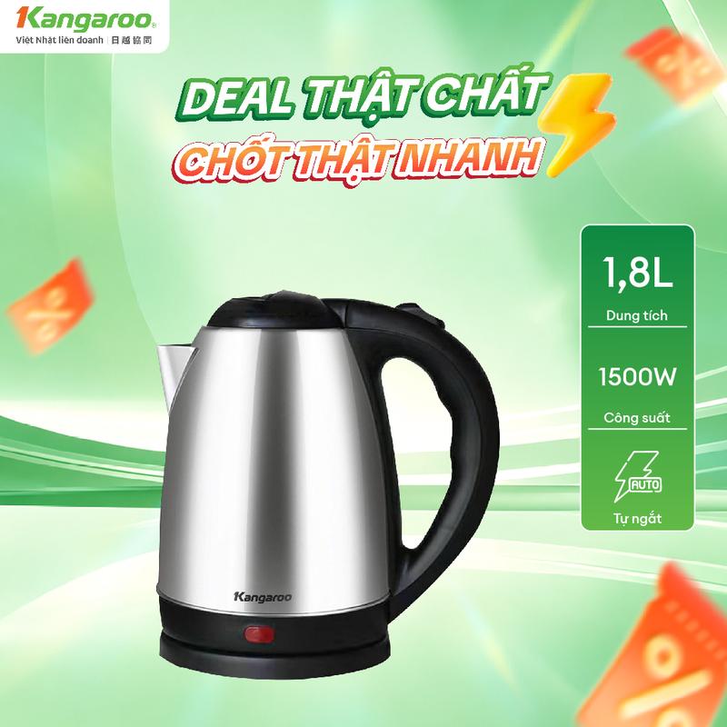 KGWK18I2 | Bình đun siêu tốc Kangaroo inox 1.8L Công Suất 1500W Tự Ngắt Điện An Toàn Tiện Lợi