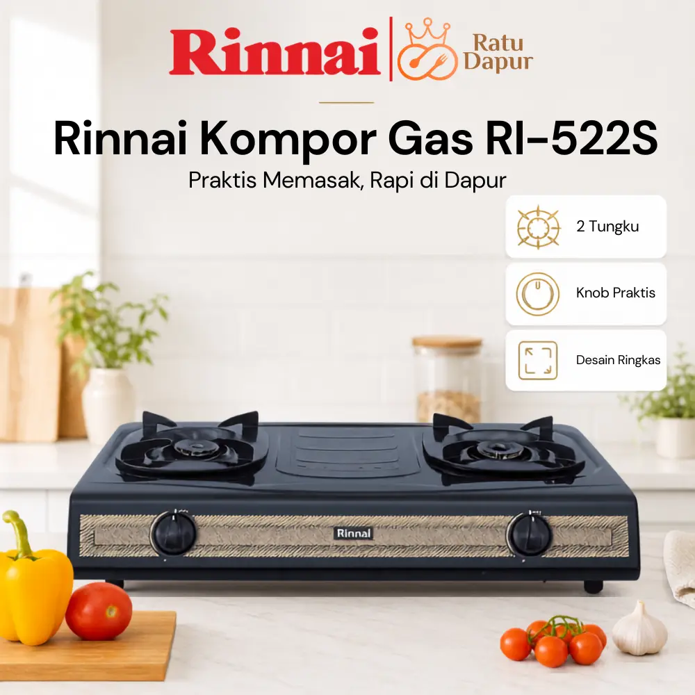 RD - Rinnai Kompor Gas Api Biru 1 Tungku 2 Tungku Original RI-201S RI-202S RI-301S RI-302S RI-511E RI-511T RI-522C RI-522E RI-522S RI-602E RI-52SB RI-51SB & Regulator RG-622MS Kompor Gas Hemat Gas Stainless Anti Karat Low Pressure Garansi Resmi