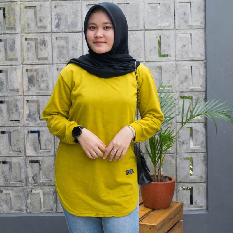 Kaos Polos Wanita Lengan Panjang - RIB Bawah Oval Terkini Sablon Atasan Baju Basic Top Variasi Tangan Oblong Oversize Muslim kaos  lengan  panjang  oval 8