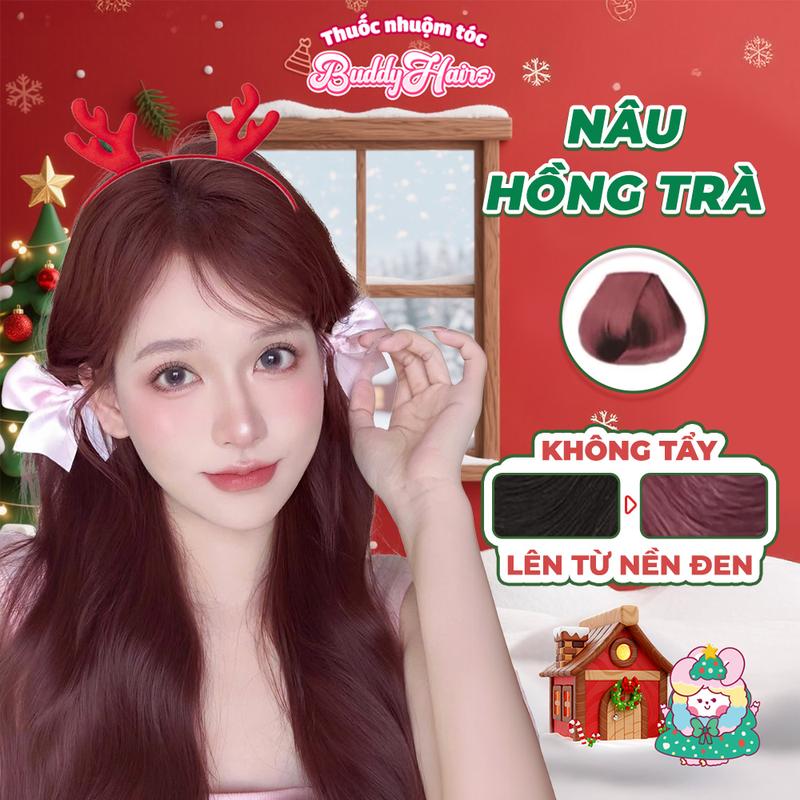  Thuốc nhuộm tóc NÂU HỒNG TRÀ không cần dùng tẩy tóc buddyhairs tặng kèm găng tay tiện lợi 